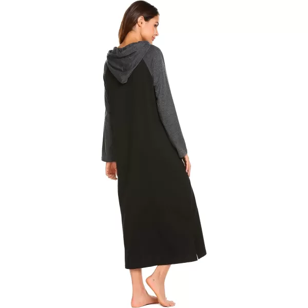 Ekouaer Sleepwear Women Long Sleeve Hooded Nightgown Contrast Color Full Length Loungewear with Pocket S4XLAblack