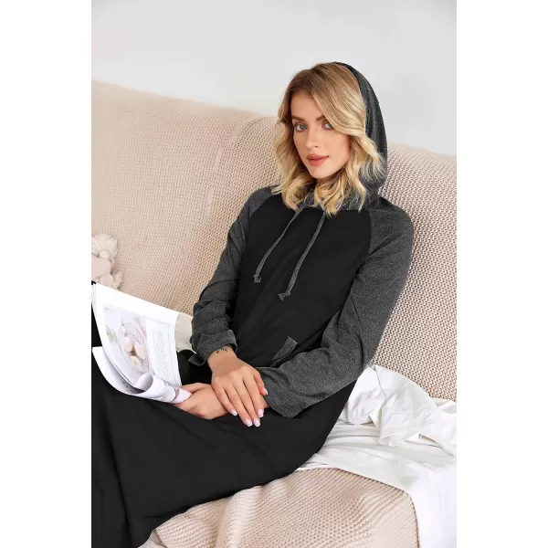 Ekouaer Sleepwear Women Long Sleeve Hooded Nightgown Contrast Color Full Length Loungewear with Pocket S4XLAblack