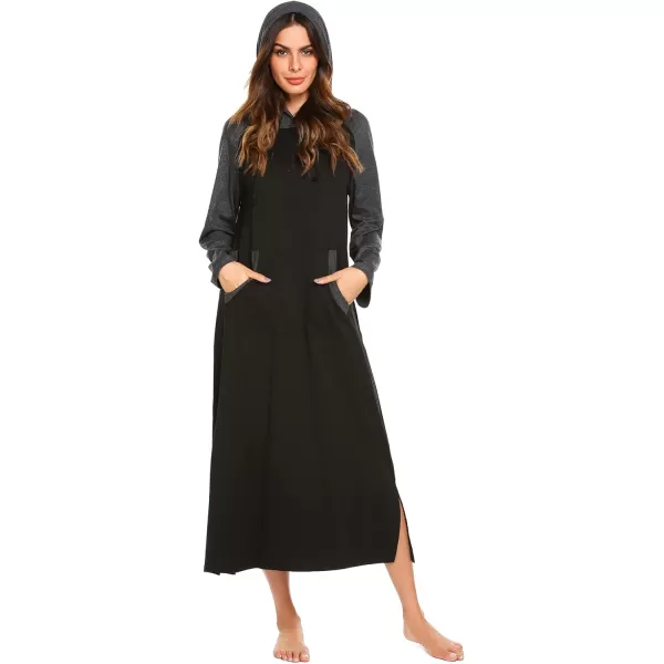 Ekouaer Sleepwear Women Long Sleeve Hooded Nightgown Contrast Color Full Length Loungewear with Pocket S4XLAblack