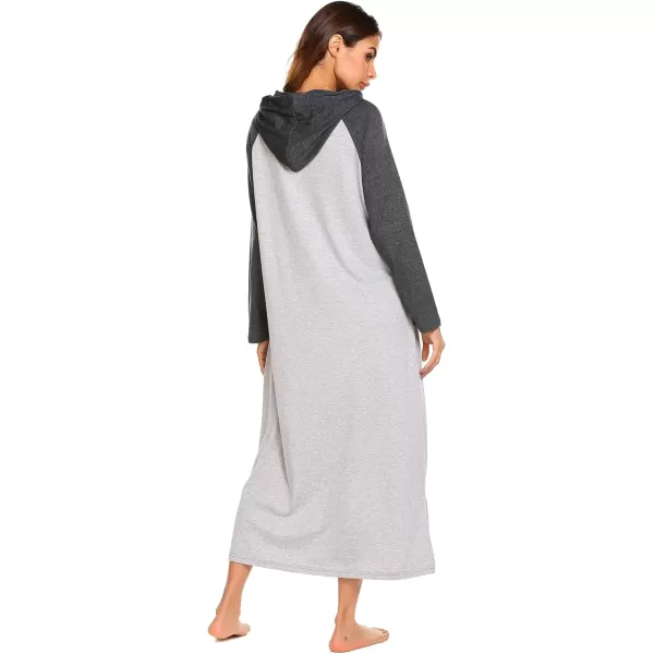 Ekouaer Sleepwear Women Long Sleeve Hooded Nightgown Contrast Color Full Length Loungewear with Pocket S4XLAgrey