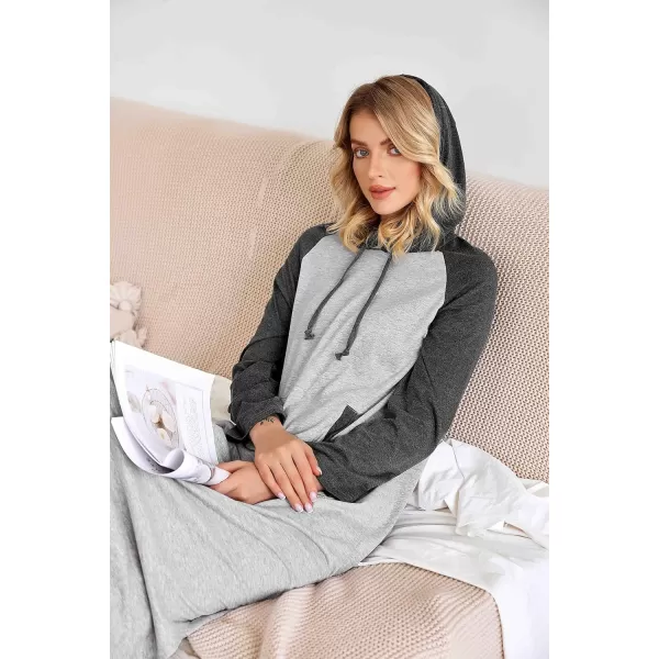 Ekouaer Sleepwear Women Long Sleeve Hooded Nightgown Contrast Color Full Length Loungewear with Pocket S4XLAgrey