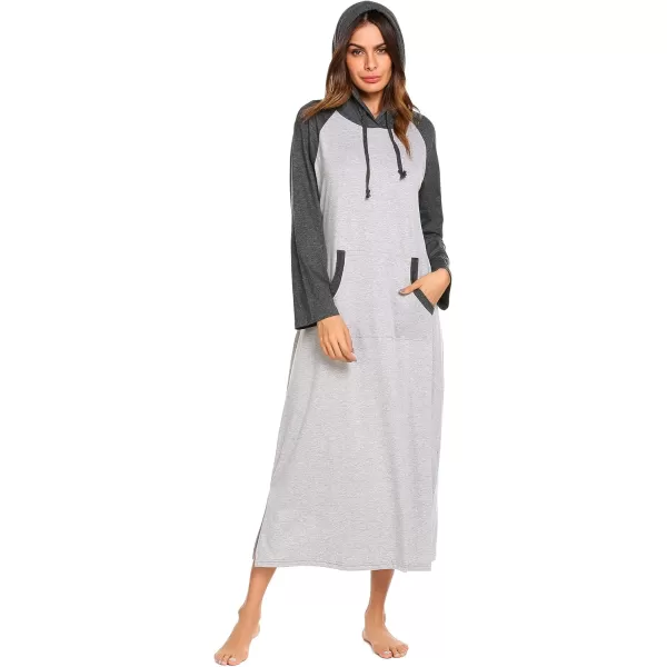 Ekouaer Sleepwear Women Long Sleeve Hooded Nightgown Contrast Color Full Length Loungewear with Pocket S4XLAgrey