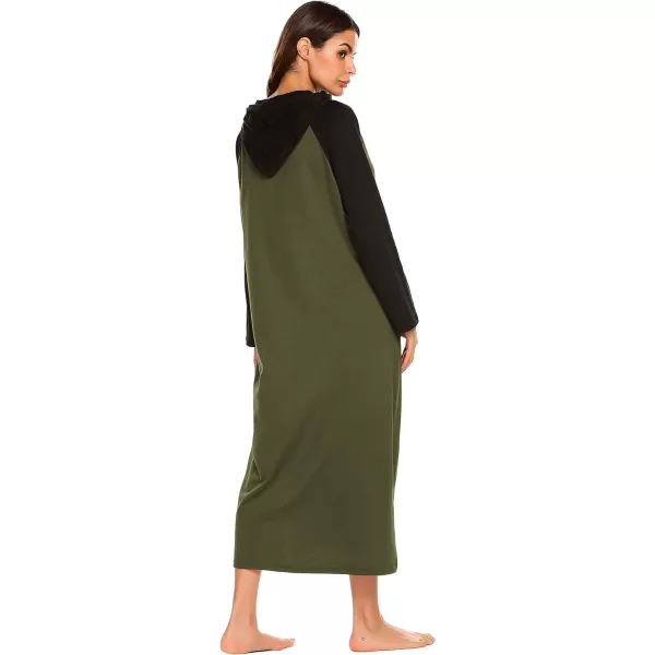 Ekouaer Sleepwear Women Long Sleeve Hooded Nightgown Contrast Color Full Length Loungewear with Pocket S4XLArmy Green