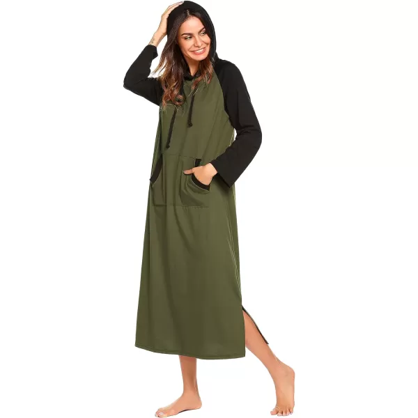 Ekouaer Sleepwear Women Long Sleeve Hooded Nightgown Contrast Color Full Length Loungewear with Pocket S4XLArmy Green