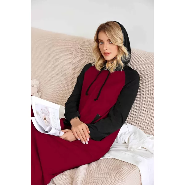 Ekouaer Sleepwear Women Long Sleeve Hooded Nightgown Contrast Color Full Length Loungewear with Pocket S4XLAwine Red