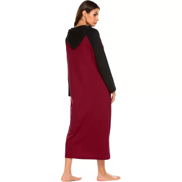 Ekouaer Sleepwear Women Long Sleeve Hooded Nightgown Contrast Color Full Length Loungewear with Pocket S4XLAwine Red