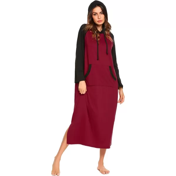 Ekouaer Sleepwear Women Long Sleeve Hooded Nightgown Contrast Color Full Length Loungewear with Pocket S4XLAwine Red