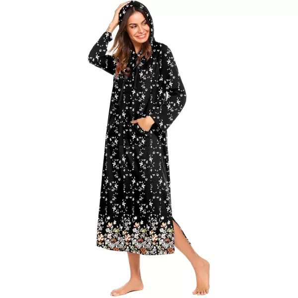 Ekouaer Sleepwear Women Long Sleeve Hooded Nightgown Contrast Color Full Length Loungewear with Pocket S4XLBlack Background Flowers