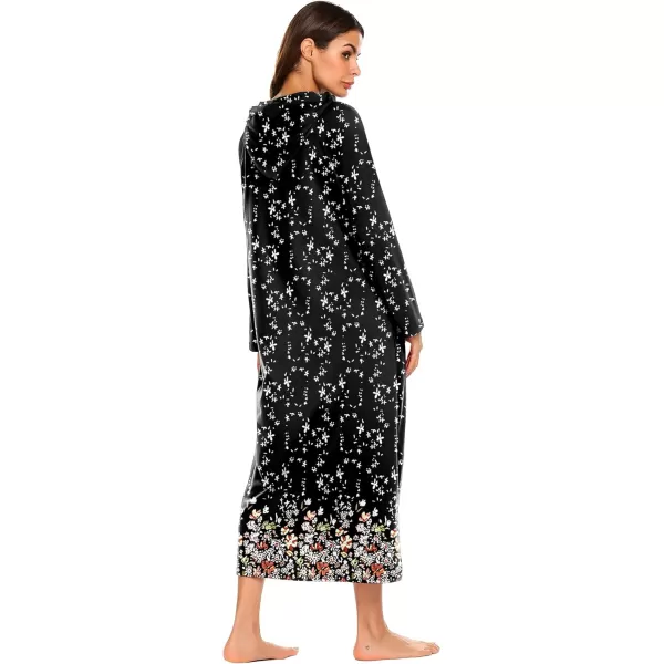 Ekouaer Sleepwear Women Long Sleeve Hooded Nightgown Contrast Color Full Length Loungewear with Pocket S4XLBlack Background Flowers