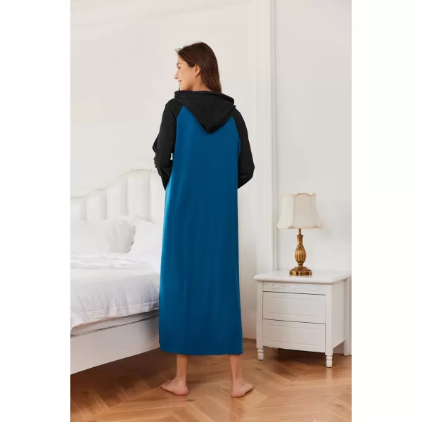 Ekouaer Sleepwear Women Long Sleeve Hooded Nightgown Contrast Color Full Length Loungewear with Pocket S4XLBlack Navy Blue