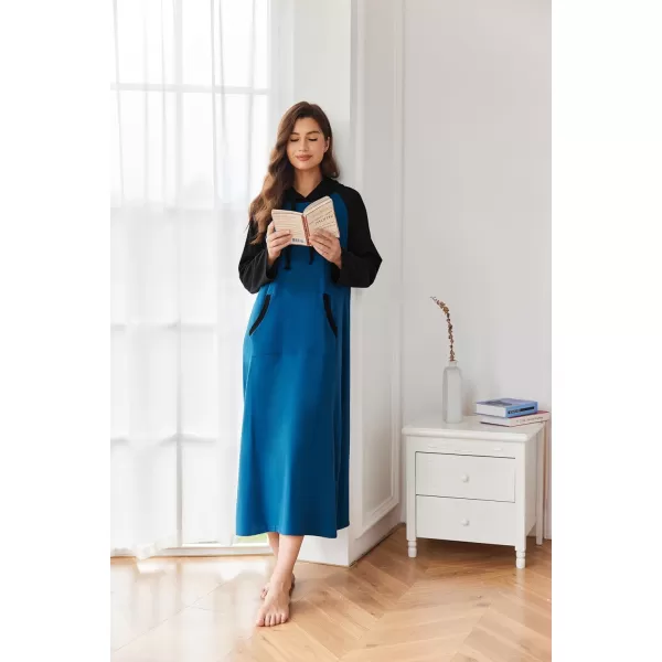 Ekouaer Sleepwear Women Long Sleeve Hooded Nightgown Contrast Color Full Length Loungewear with Pocket S4XLBlack Navy Blue