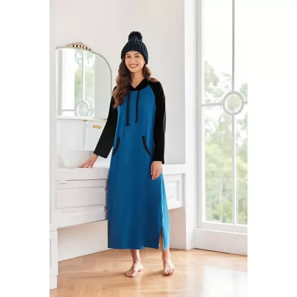 Ekouaer Sleepwear Women Long Sleeve Hooded Nightgown Contrast Color Full Length Loungewear with Pocket S4XLBlack Navy Blue