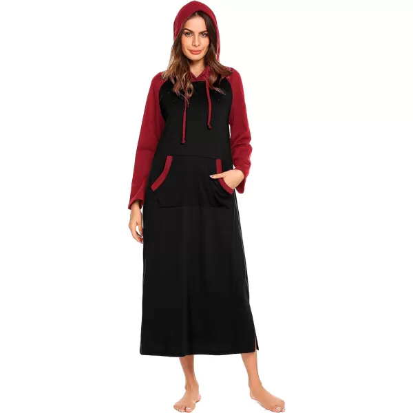 Ekouaer Sleepwear Women Long Sleeve Hooded Nightgown Contrast Color Full Length Loungewear with Pocket S4XLBlack1