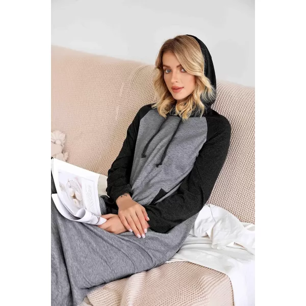 Ekouaer Sleepwear Women Long Sleeve Hooded Nightgown Contrast Color Full Length Loungewear with Pocket S4XLMedium Grey