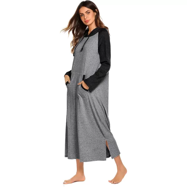 Ekouaer Sleepwear Women Long Sleeve Hooded Nightgown Contrast Color Full Length Loungewear with Pocket S4XLMedium Grey