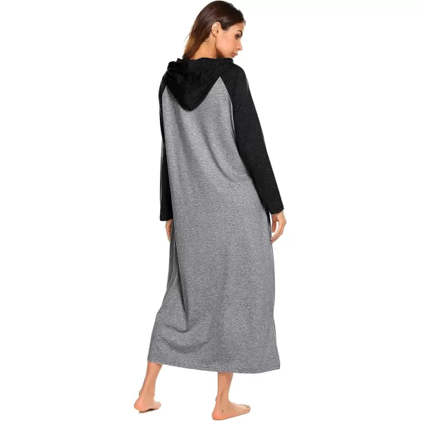 Ekouaer Sleepwear Women Long Sleeve Hooded Nightgown Contrast Color Full Length Loungewear with Pocket S4XLMedium Grey