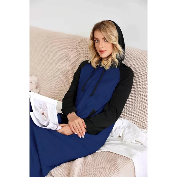 Ekouaer Sleepwear Women Long Sleeve Hooded Nightgown Contrast Color Full Length Loungewear with Pocket S4XLNavy Blue1