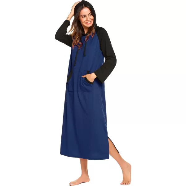 Ekouaer Sleepwear Women Long Sleeve Hooded Nightgown Contrast Color Full Length Loungewear with Pocket S4XLNavy Blue1