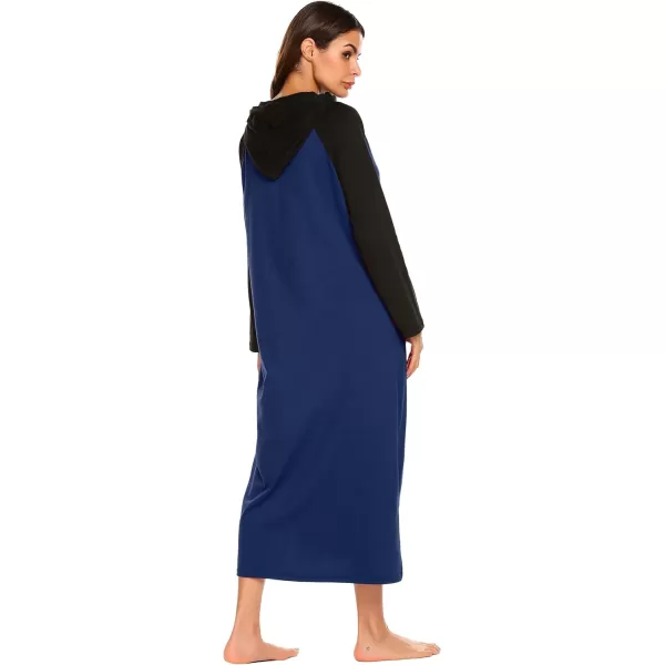 Ekouaer Sleepwear Women Long Sleeve Hooded Nightgown Contrast Color Full Length Loungewear with Pocket S4XLNavy Blue1