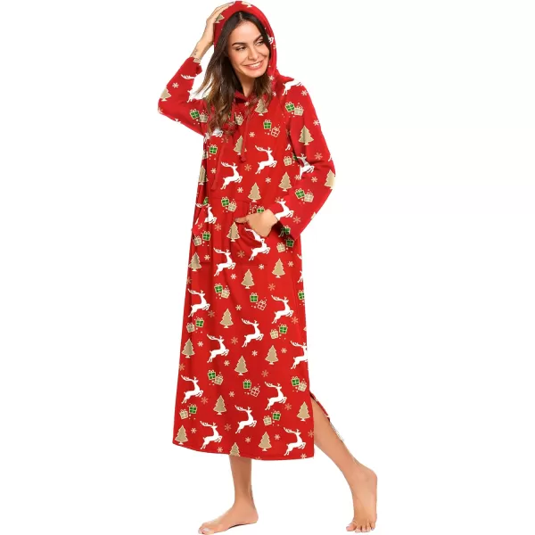 Ekouaer Sleepwear Women Long Sleeve Hooded Nightgown Contrast Color Full Length Loungewear with Pocket S4XLPat1christmas Pattern 1
