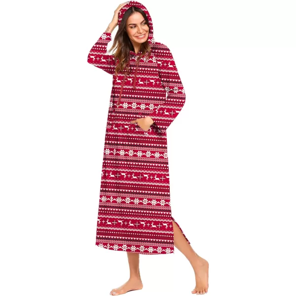 Ekouaer Sleepwear Women Long Sleeve Hooded Nightgown Contrast Color Full Length Loungewear with Pocket S4XLPat2christmas Pattern 2