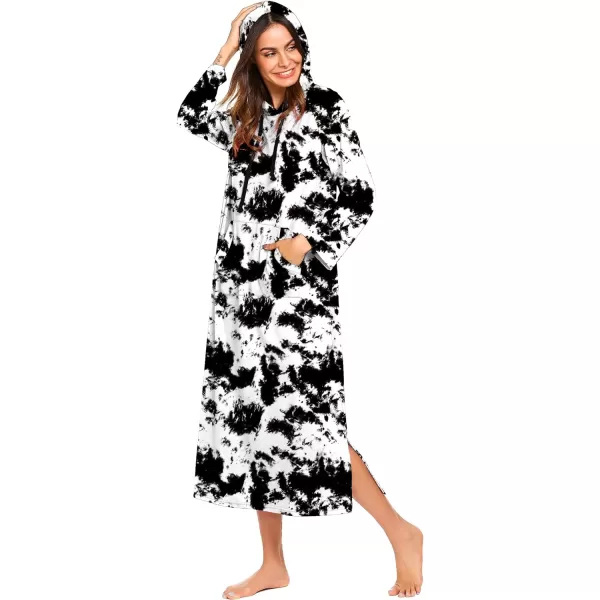 Ekouaer Sleepwear Women Long Sleeve Hooded Nightgown Contrast Color Full Length Loungewear with Pocket S4XLPat3black and White Tie Dye