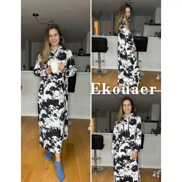 Ekouaer Sleepwear Women Long Sleeve Hooded Nightgown Contrast Color Full Length Loungewear with Pocket S4XLPat3black and White Tie Dye