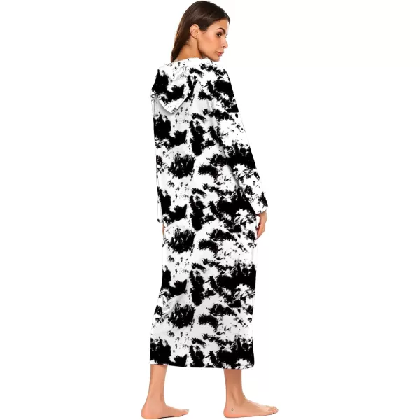 Ekouaer Sleepwear Women Long Sleeve Hooded Nightgown Contrast Color Full Length Loungewear with Pocket S4XLPat3black and White Tie Dye