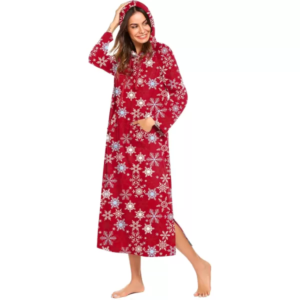 Ekouaer Sleepwear Women Long Sleeve Hooded Nightgown Contrast Color Full Length Loungewear with Pocket S4XLPat6christmas Snowflake