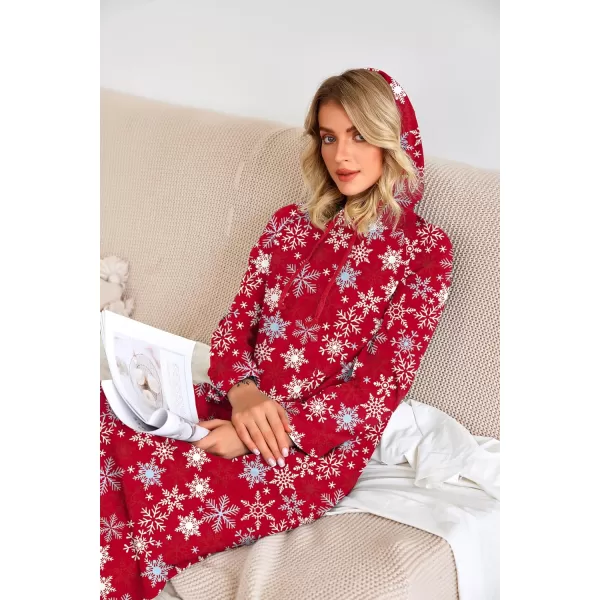 Ekouaer Sleepwear Women Long Sleeve Hooded Nightgown Contrast Color Full Length Loungewear with Pocket S4XLPat6christmas Snowflake