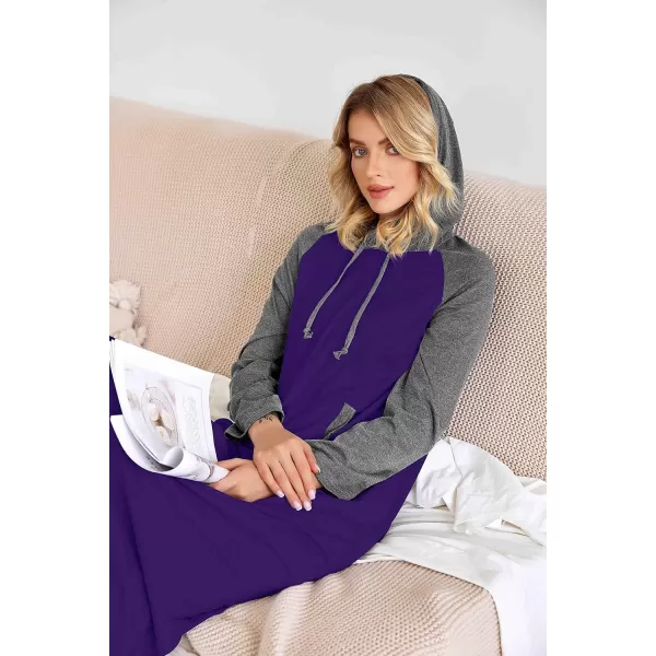 Ekouaer Sleepwear Women Long Sleeve Hooded Nightgown Contrast Color Full Length Loungewear with Pocket S4XLPurple