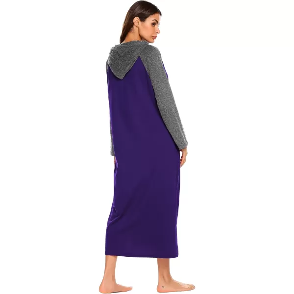 Ekouaer Sleepwear Women Long Sleeve Hooded Nightgown Contrast Color Full Length Loungewear with Pocket S4XLPurple