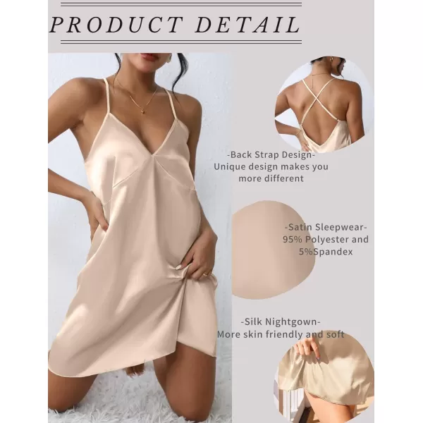 Ekouaer Sleepwear Womens Satin Nightgown V Neck Spaghetti Strap Nightdress Silk Slip Sexy LingerieApricot