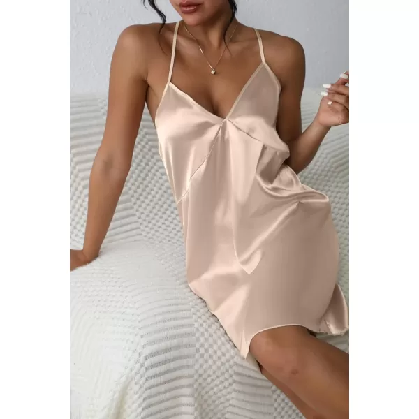 Ekouaer Sleepwear Womens Satin Nightgown V Neck Spaghetti Strap Nightdress Silk Slip Sexy LingerieApricot