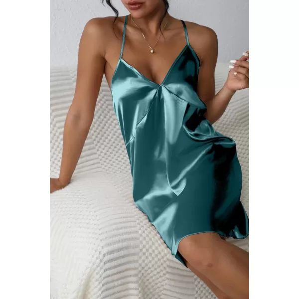 Ekouaer Sleepwear Womens Satin Nightgown V Neck Spaghetti Strap Nightdress Silk Slip Sexy LingerieBlue Green