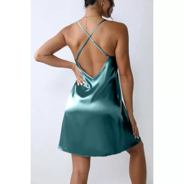 Ekouaer Sleepwear Womens Satin Nightgown V Neck Spaghetti Strap Nightdress Silk Slip Sexy LingerieBlue Green