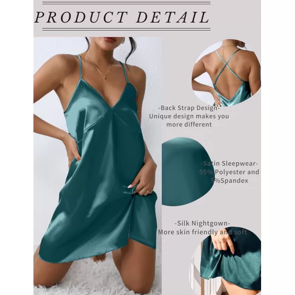 Ekouaer Sleepwear Womens Satin Nightgown V Neck Spaghetti Strap Nightdress Silk Slip Sexy LingerieBlue Green