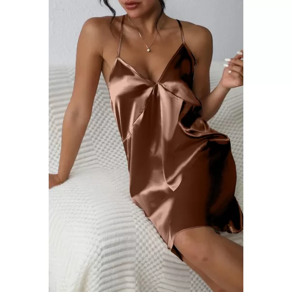 Ekouaer Sleepwear Womens Satin Nightgown V Neck Spaghetti Strap Nightdress Silk Slip Sexy LingerieCaramel Color