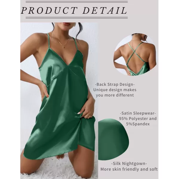 Ekouaer Sleepwear Womens Satin Nightgown V Neck Spaghetti Strap Nightdress Silk Slip Sexy LingerieGreen
