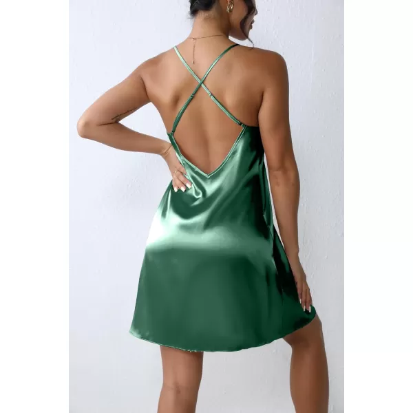 Ekouaer Sleepwear Womens Satin Nightgown V Neck Spaghetti Strap Nightdress Silk Slip Sexy LingerieGreen
