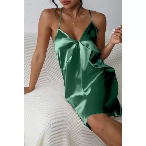 Ekouaer Sleepwear Womens Satin Nightgown V Neck Spaghetti Strap Nightdress Silk Slip Sexy LingerieGreen