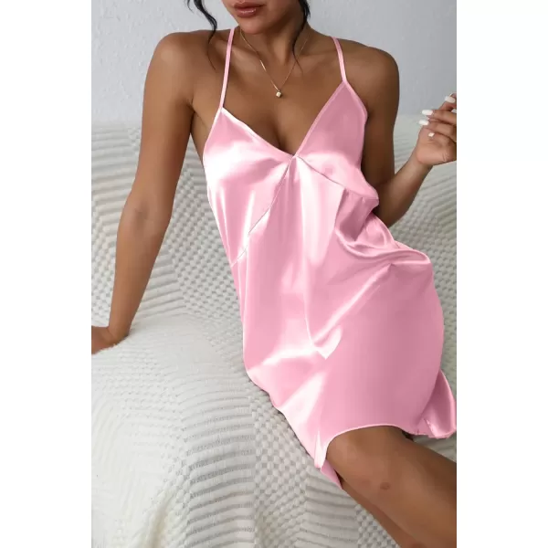 Ekouaer Sleepwear Womens Satin Nightgown V Neck Spaghetti Strap Nightdress Silk Slip Sexy LingeriePink