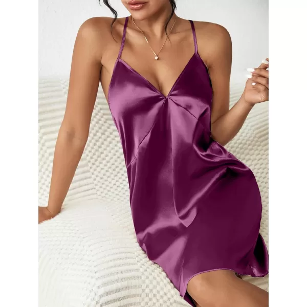 Ekouaer Sleepwear Womens Satin Nightgown V Neck Spaghetti Strap Nightdress Silk Slip Sexy LingeriePurple