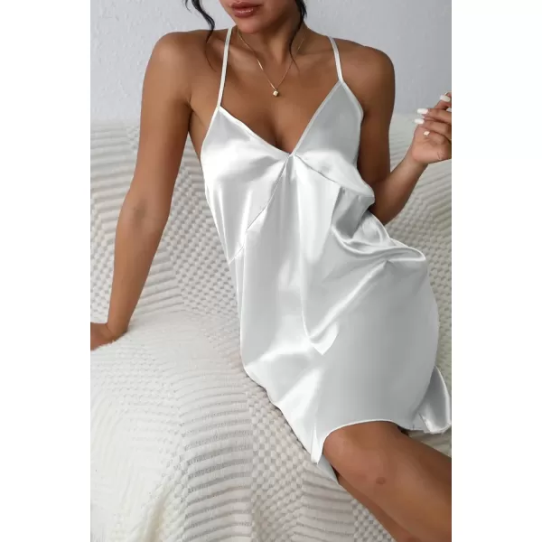 Ekouaer Sleepwear Womens Satin Nightgown V Neck Spaghetti Strap Nightdress Silk Slip Sexy LingerieWhite