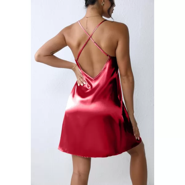 Ekouaer Sleepwear Womens Satin Nightgown V Neck Spaghetti Strap Nightdress Silk Slip Sexy LingerieWine Red