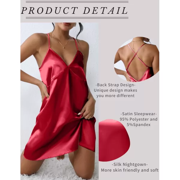 Ekouaer Sleepwear Womens Satin Nightgown V Neck Spaghetti Strap Nightdress Silk Slip Sexy LingerieWine Red