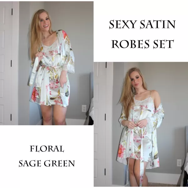 Ekouaer Sleepwear Womens Satin Nightgown with Robes Set 2 Piece Sexy Lace Cami NightwearFloral Sage Green