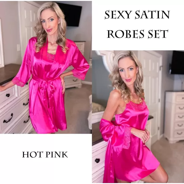 Ekouaer Sleepwear Womens Satin Nightgown with Robes Set 2 Piece Sexy Lace Cami NightwearHot Pink