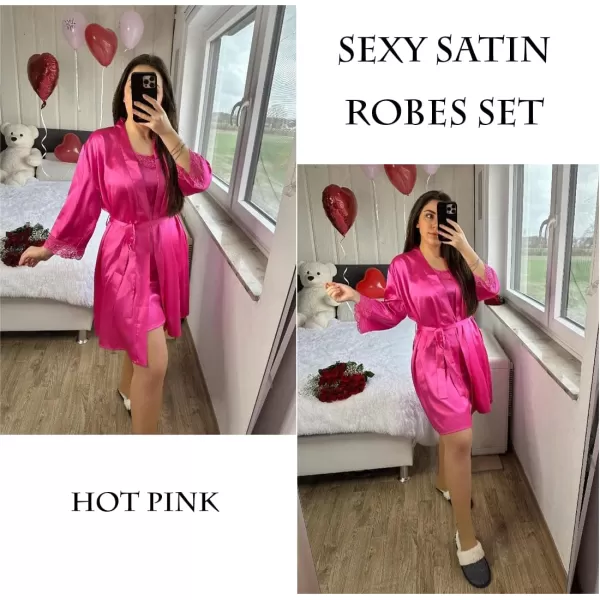Ekouaer Sleepwear Womens Satin Nightgown with Robes Set 2 Piece Sexy Lace Cami NightwearHot Pink
