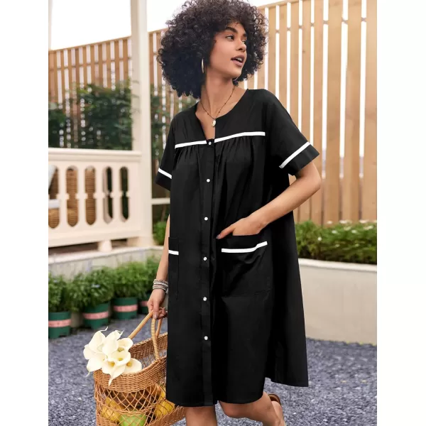 Ekouaer Sleepwear Womens Snap Front Nightgown Housecoat Cotton Duster Short Sleeve House DressBlack